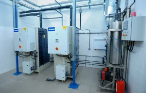 Electrolysis units set in the hall of the disinfecting water at the pumping station