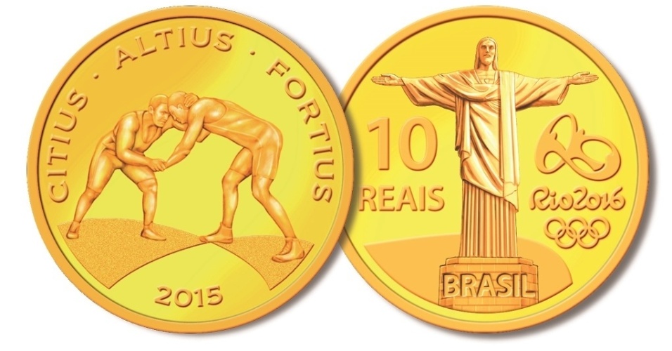o cristo redentor e a modalidade luta olimpica sao homenageada na moeda de ouro