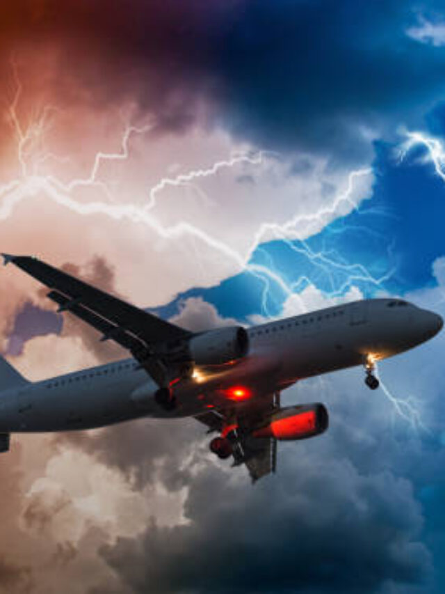 airplane flies in bad weather and storm with lightning bolt
